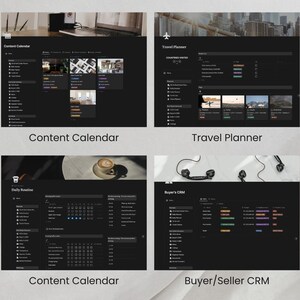 Peut inclure: Quatre &eacute;crans d'ordinateur diff&eacute;rents affichant des maquettes de pages Web pour un calendrier de contenu, un planificateur de voyage, une routine quotidienne et un CRM acheteur/vendeur. Chaque &eacute;cran a un fond sombre avec du texte blanc et des ic&ocirc;nes.