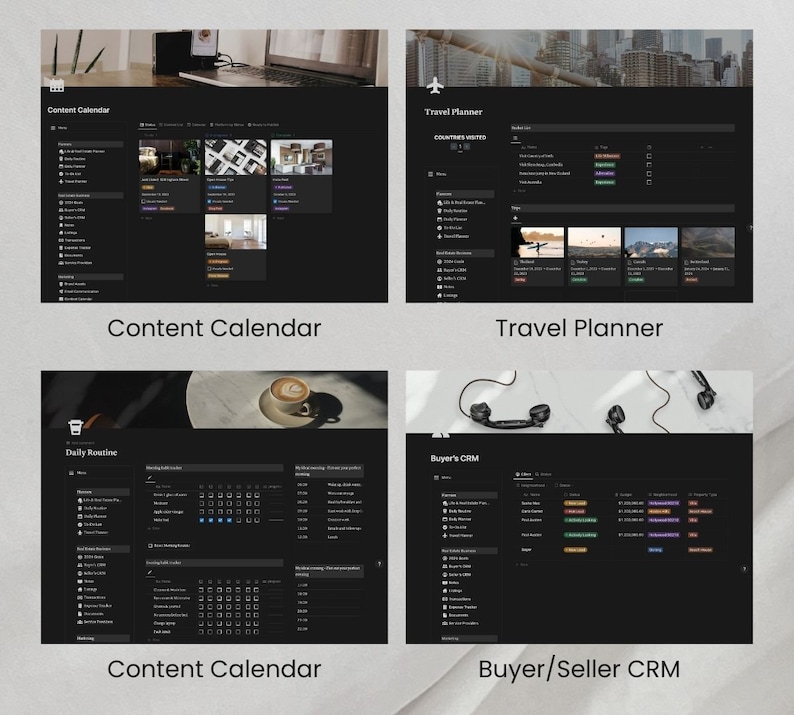 Peut inclure: Quatre &eacute;crans d'ordinateur diff&eacute;rents affichant des maquettes de pages Web pour un calendrier de contenu, un planificateur de voyage, une routine quotidienne et un CRM acheteur/vendeur. Chaque &eacute;cran a un fond sombre avec du texte blanc et des ic&ocirc;nes.