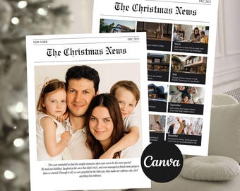 May include: Two copies of "The Christmas News" newspaper. One features a family portrait, the other has images and text. The newspaper is dated December 2025 and includes the Canva logo.