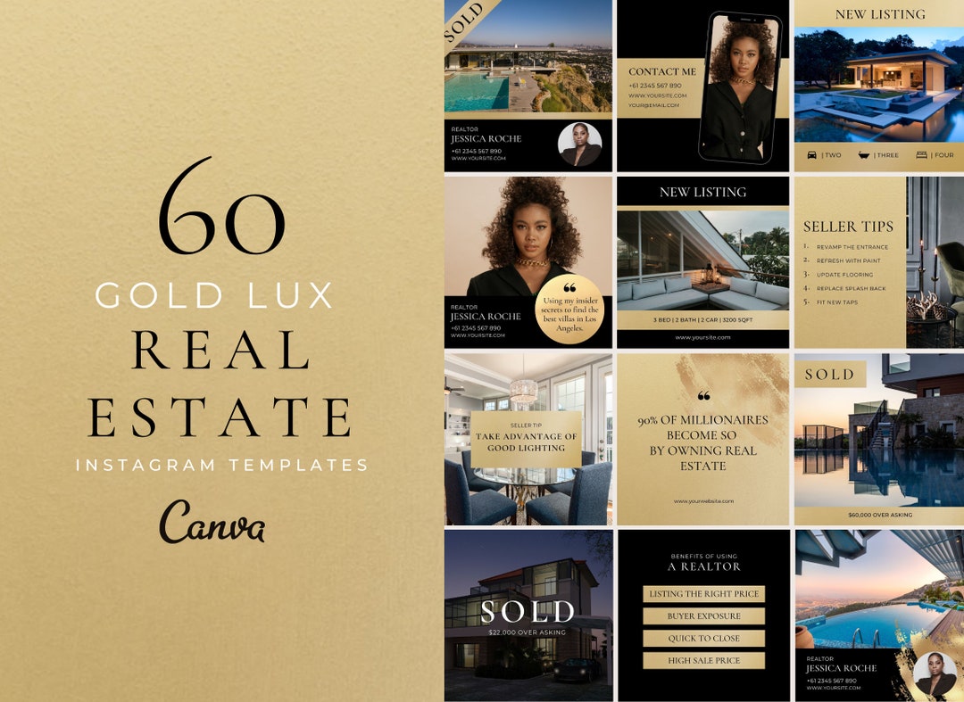 Luxury Real Estate Instagram Template Canva Black and Gold - Etsy