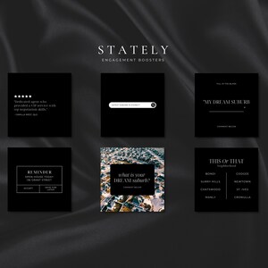 May include: Black and white graphic design with text that reads "STATELY ENGAGEMENT BOOSTERS". The graphic is divided into six squares. Each square features a different design, including a quote, a reminder, a question, a search bar, and a list of suburbs.
