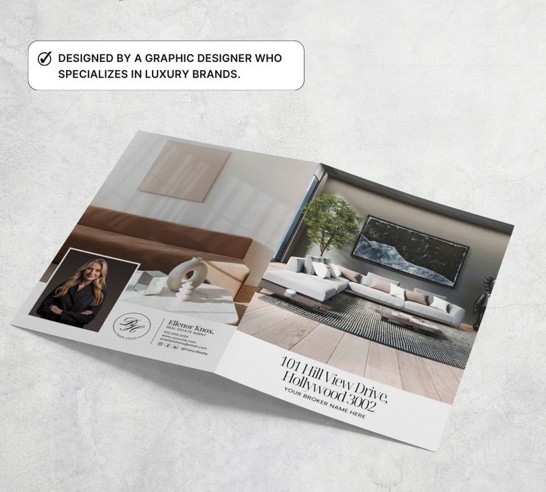 K&ouml;nnte beinhalten: Eine Brosch&uuml;re f&uuml;r einen Immobilienmakler mit einem Foto eines modernen Wohnzimmers mit einem gro&szlig;en Ecksofa und einem gro&szlig;en abstrakten Gem&auml;lde an der Wand. Die Brosch&uuml;re enth&auml;lt den Namen des Maklers, seine Kontaktdaten und die Adresse der Immobilie: 101 Hill View Drive, Hollywood 3002.