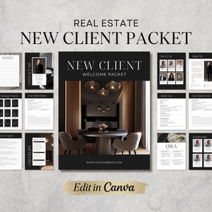 May include: A black and white welcome packet for new real estate clients. The packet includes a checklist, notes section, and a Q&A section. The cover features a photo of a modern dining room with a table and chairs.