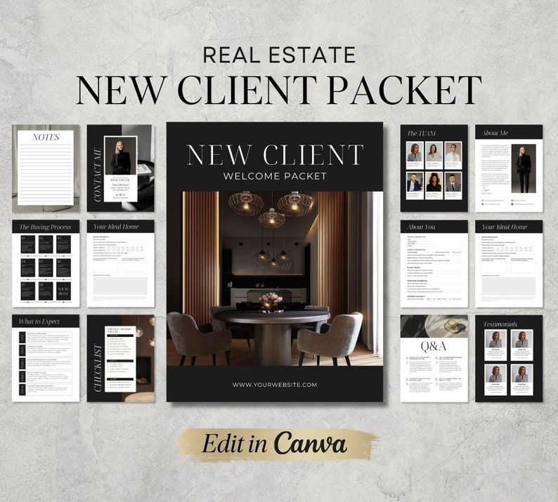 May include: A black and white welcome packet for new real estate clients. The packet includes a checklist, notes section, and a Q&A section. The cover features a photo of a modern dining room with a table and chairs.