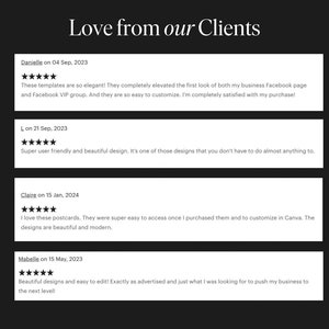 K&ouml;nnte beinhalten: Ein Screenshot einer Website, auf der Kundenbewertungen zu Designvorlagen angezeigt werden. Die Bewertungen sind positiv und heben die Benutzerfreundlichkeit und die Qualit&auml;t der Designs hervor.
