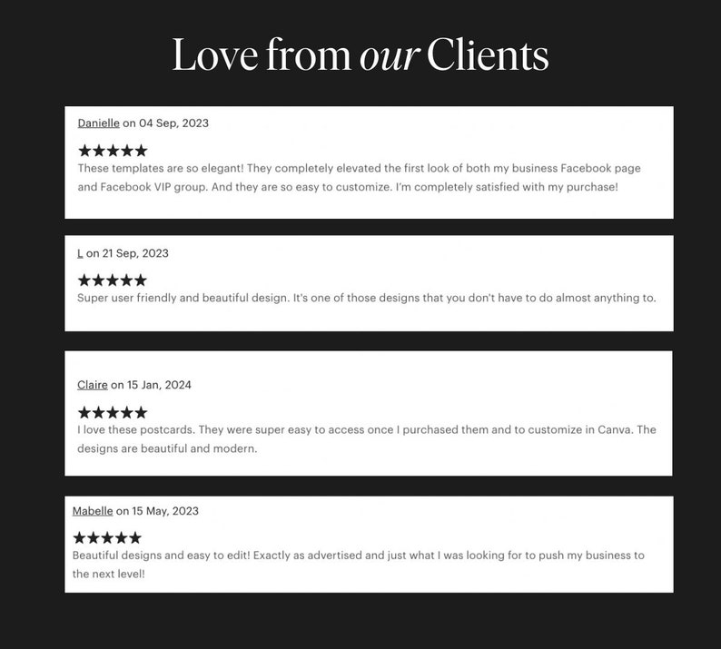 K&ouml;nnte beinhalten: Ein Screenshot einer Website, auf der Kundenbewertungen zu Designvorlagen angezeigt werden. Die Bewertungen sind positiv und heben die Benutzerfreundlichkeit und die Qualit&auml;t der Designs hervor.