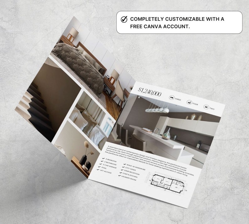 K&ouml;nnte beinhalten: Eine Brosch&uuml;re f&uuml;r ein modernes Apartmenthaus mit K&uuml;che, Wohnzimmer und Schlafzimmer. Die Brosch&uuml;re enth&auml;lt einen Grundriss und eine Liste der Ausstattungsmerkmale, darunter 1 Schlafzimmer, 1 Badezimmer, 2 Parkpl&auml;tze, Stadtblick und eine Waschk&uuml;che. Der Preis betr&auml;gt 1.240.000 &euro;.