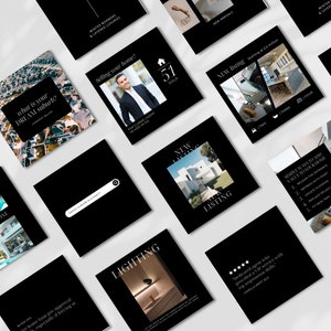 May include: A collection of black and white Instagram post templates for real estate agents. The templates feature images of homes, text about selling homes, and a quote from a satisfied customer.