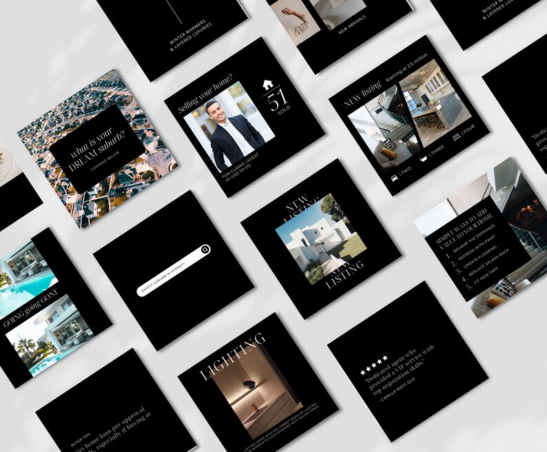 May include: A collection of black and white Instagram post templates for real estate agents. The templates feature images of homes, text about selling homes, and a quote from a satisfied customer.