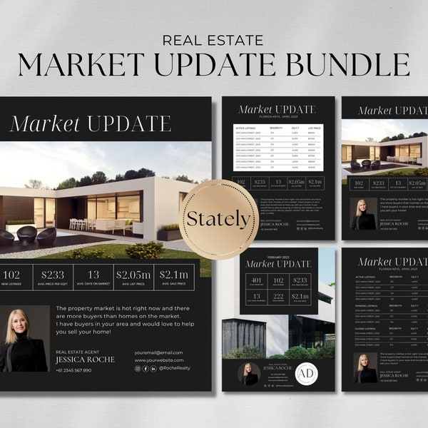 Immobilienmarkt Update Flyer Bundle | Immobilienmarketing | Makler Marketing Letter | Immobilien-Mailer | Bearbeitbares Canva Template