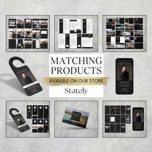 K&ouml;nnte beinhalten: Ein passendes Set an Immobilien-Marketingmaterialien in Schwarz und Gold mit modernem Design. Das Set beinhaltet einen T&uuml;rh&auml;nger, Visitenkarten, Social-Media-Posts und ein Handy-Bildschirm-Mockup. Der Text auf dem T&uuml;rh&auml;nger lautet "Neues Zuhause?" und der Text auf der Visitenkarte lautet "Jessica Roche, Immobilienmaklerin".