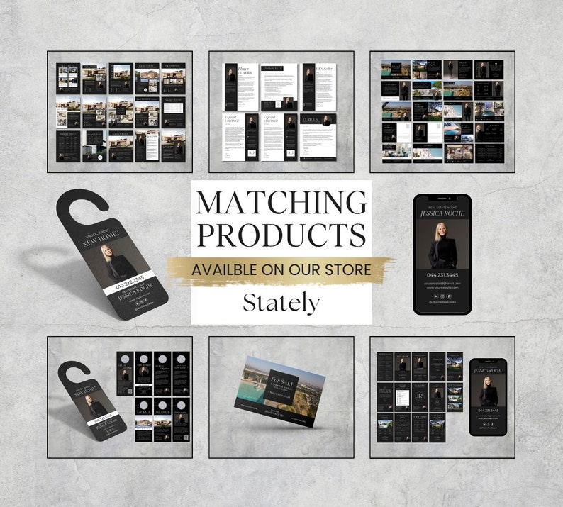 K&ouml;nnte beinhalten: Ein passendes Set an Immobilien-Marketingmaterialien in Schwarz und Gold mit modernem Design. Das Set beinhaltet einen T&uuml;rh&auml;nger, Visitenkarten, Social-Media-Posts und ein Handy-Bildschirm-Mockup. Der Text auf dem T&uuml;rh&auml;nger lautet "Neues Zuhause?" und der Text auf der Visitenkarte lautet "Jessica Roche, Immobilienmaklerin".