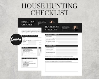 May include: Two black and white house hunting checklists with the text "House Hunting Checklist" and "Real Estate Agent Jessica Roche". The checklists include sections for property information, property condition, and considerations.