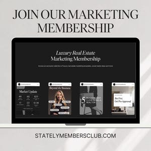 Puede incluir: Una pantalla de computadora port&aacute;til que muestra un sitio web para una membres&iacute;a de marketing inmobiliario de lujo. El sitio web presenta un fondo negro con texto blanco e im&aacute;genes de publicaciones en redes sociales. El texto en el sitio web dice "&Uacute;nete a nuestra membres&iacute;a de marketing", "Marketing inmobiliario de lujo", "Accede a una colecci&oacute;n exclusiva de plantillas de marketing inmobiliario de lujo, ideas para redes sociales y m&aacute;s", "M&aacute;s all&aacute; del negocio", "Actualizaci&oacute;n del mercado", "5 razones por las que me encanta ser agente inmobiliario", y "Pero primero, obt&eacute;n una preaprobaci&oacute;n". La direcci&oacute;n del sitio web es "STATELYMEMBERSCLUB.COM".
