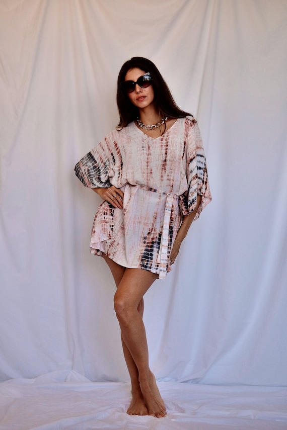Hand Dyed Mini Kaftan Dress, Resort Bohemian Swim Cover Up