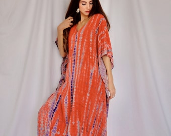 Robe corail violet KAFTAN, longue, teinte à la main, robe simple caftan élégante, élégante, Miami, lbiza, robe de vacances, robe de soirée, ample