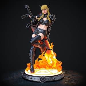 Peut inclure: Une figurine d'action féminine avec des cheveux blonds et une tenue en cuir noir, tenant une grande épée entourée de flammes. La figurine est debout sur une base circulaire avec un pentagramme.