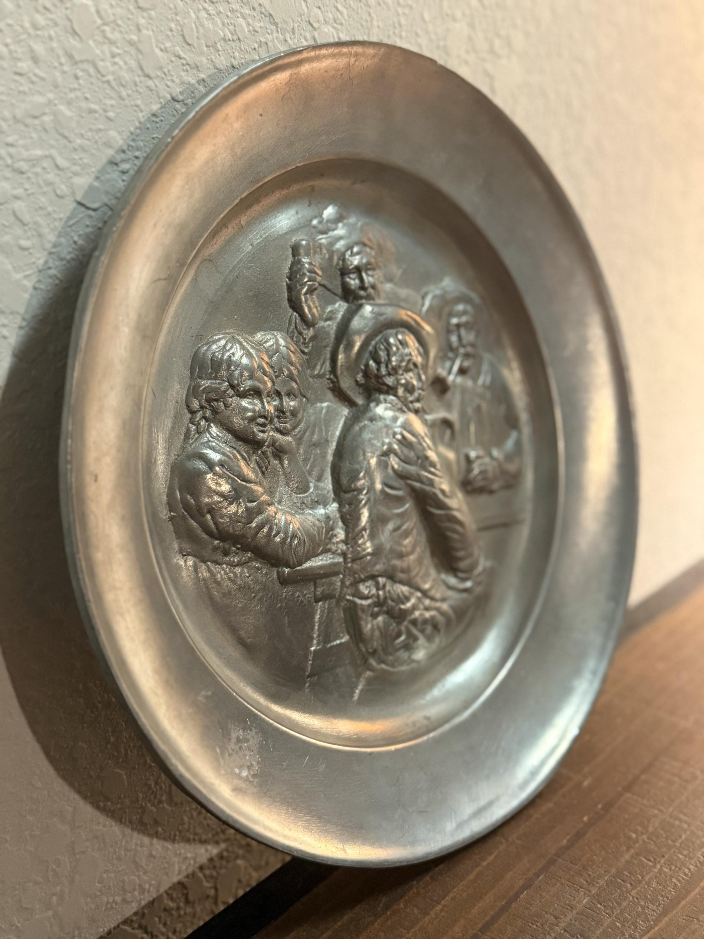 Tavery Antique German Pewter Wall Hanging Plate With a Tavery Card Playing ...