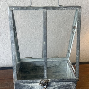 May include: A rectangular, gray metal terrarium with a handle, glass panels, and a hinged door. The terrarium has a distressed, weathered finish, and a latch closure. The design is suitable for displaying small plants or decorative items.