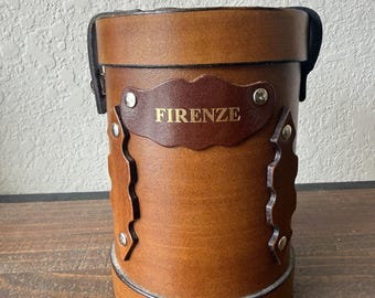 Vintage Brown Leather Cylindrical Coin Bank with "Firenze" Embossed (meaning: "Flourishing," Blossoming," or "Prosperous")