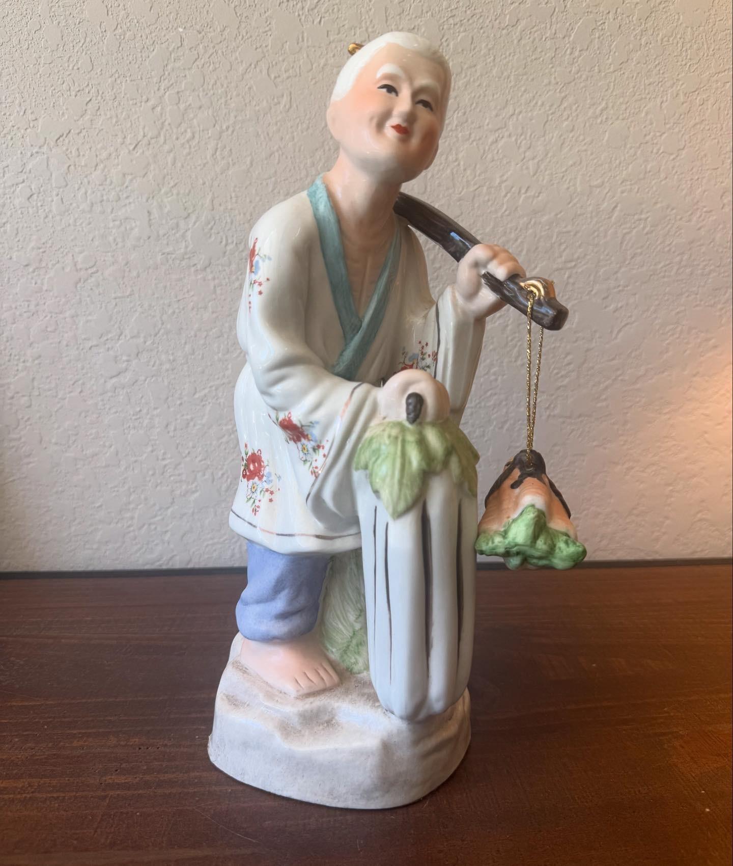 Vintage 1980 Porcelain Asian Fisherman Figurine in Cream and Tan - Unbranded main image 1