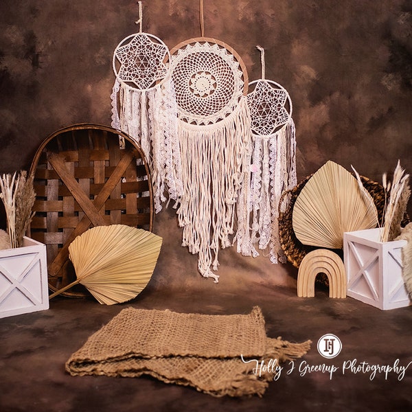 Cake Smash Birthday Digital Backdrop: Brown Boho with dream catchers - macrame - brown, dark, gradient