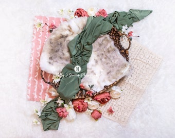 Newborn Digital Backdrop: Sage Green, Pink, White, Floral Boho
