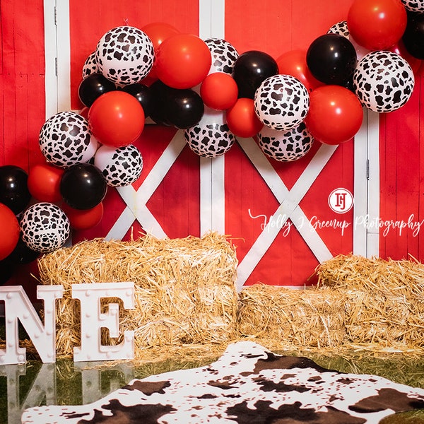 Birthday Digital Background for Cake Smash Photographer Cow Print Balloons red barn, red and black balloon arch, grass, ONE, cow rug