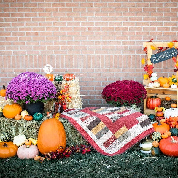 Outdoor digital background for photography - pumpkins in pumpkin stand with brick and grass - pumpkin backdrop