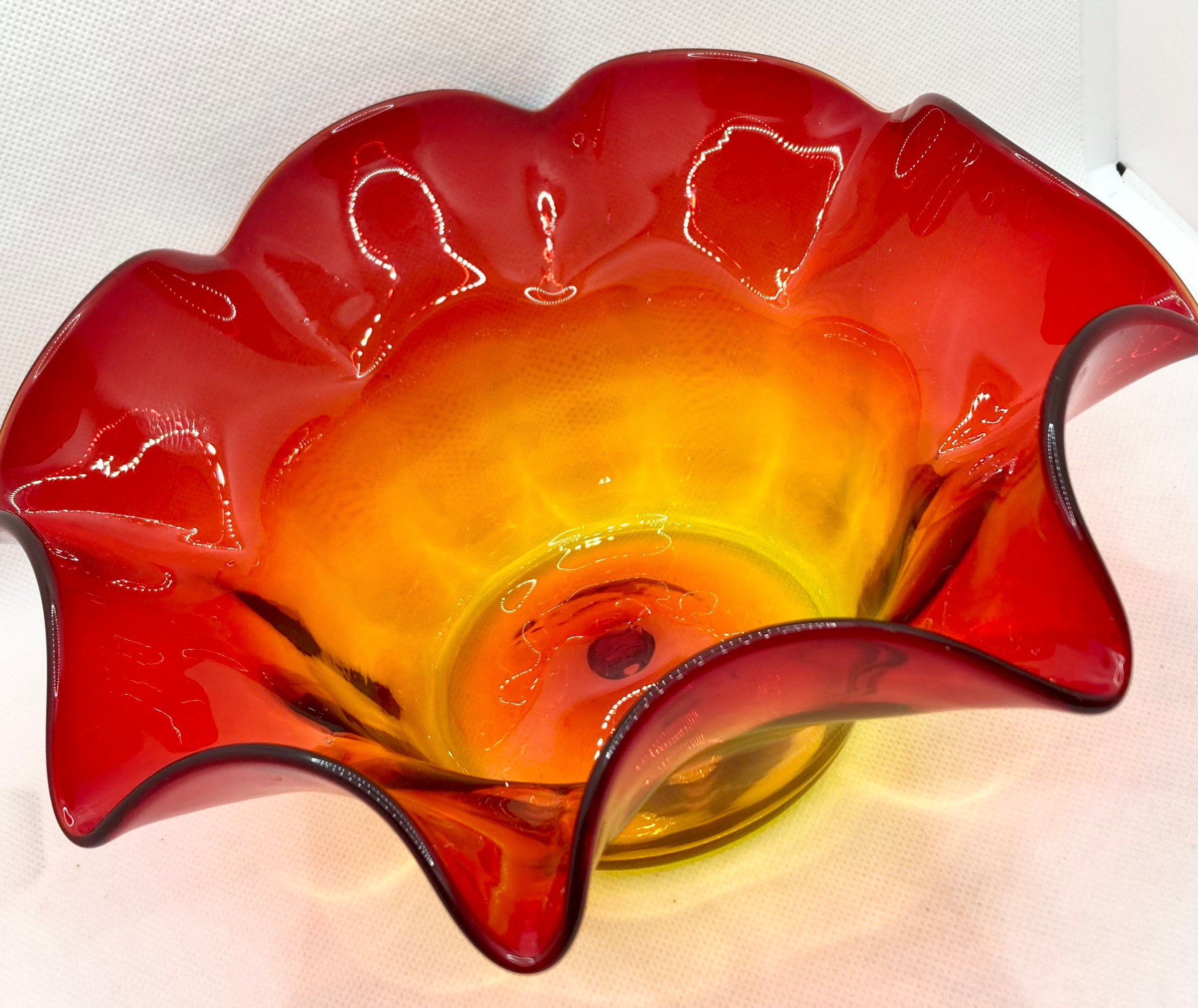 Vintage BLENKO 9" Orange Red Amberina Ruffle Rim Hand Blown Fluted