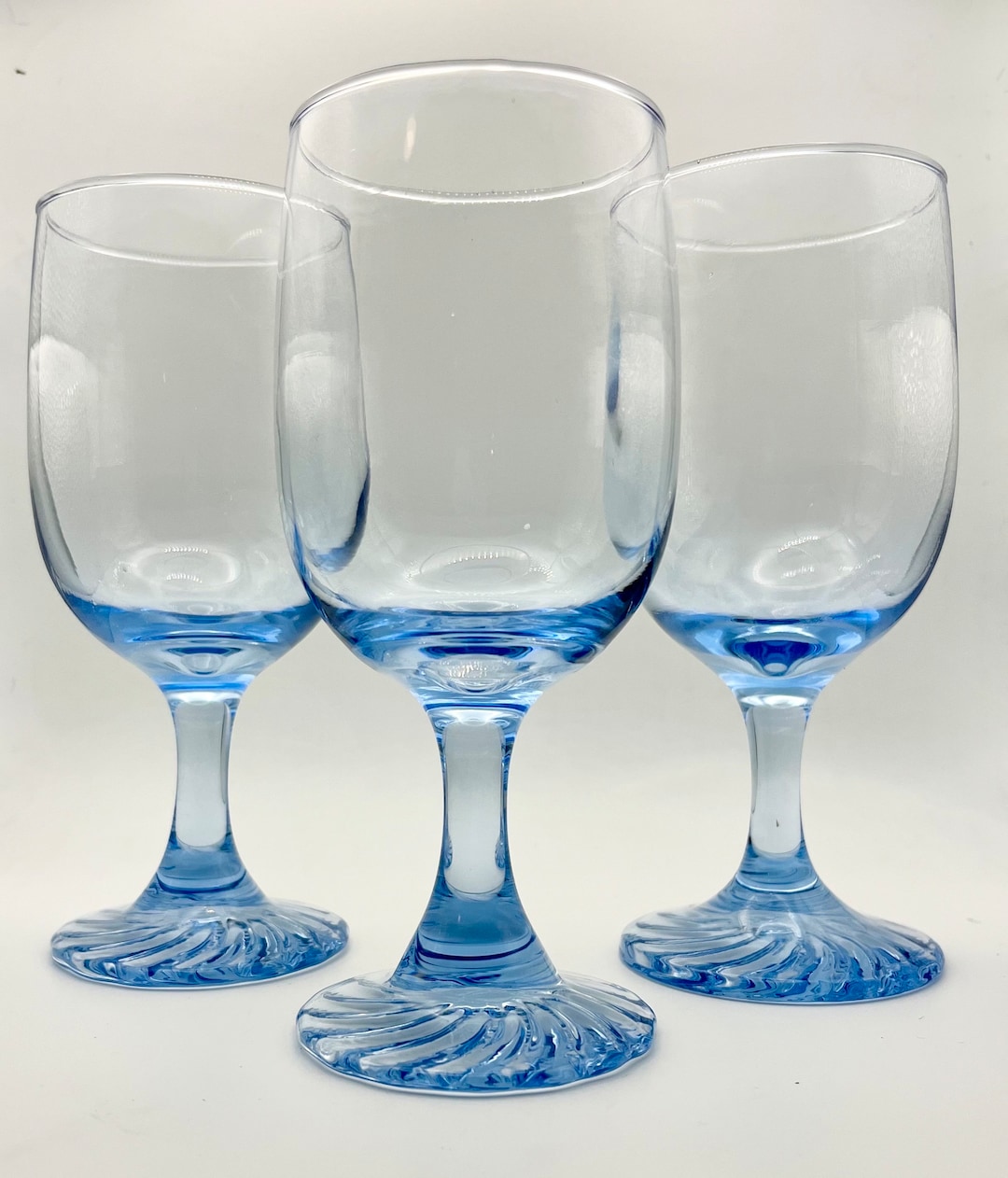 3 Duz Crystal Star Sapphire Blue Wine Glasses, Blown Glass, Textured Swirl Base, Vintage