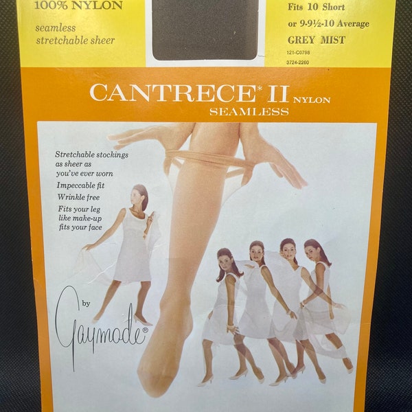 Vintage Cantrece II Seamless Stockings by Gaymode, Grey Mist, Size B, Fits 10 Short or 9-91/2-10 Average. Seamless, Sheer, Nylon, JC Penney