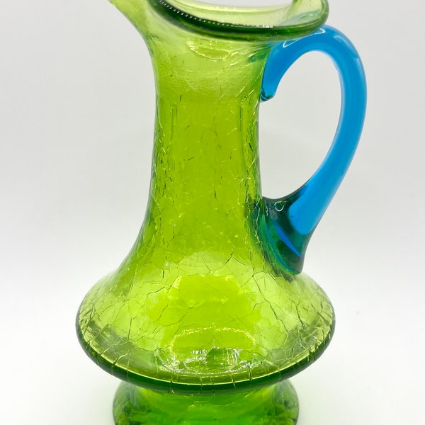 Vintage Green And Blue Crackle Glass Cruet Bottle, Rainbow Art Glass Company, Hand Blown Glass, 1970, Duo Tone, Ground Neck, No Stopper