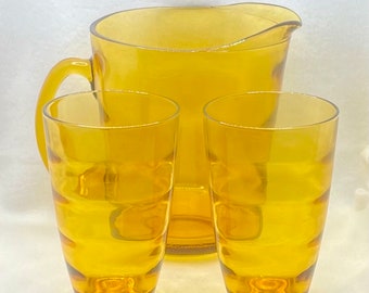 Vintage Honey Gold Glass Pitcher & 2 Tumblers, Hazel Atlas, Waterfall Optic Ribbed Pattern, MCM, 1960's