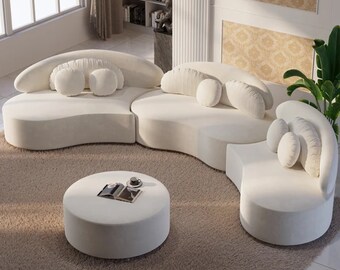 Modern 7 Seat Sectional Sofa Curved Modular Beige Velvet Upholstered with Ottoman, Couches & Loveseats