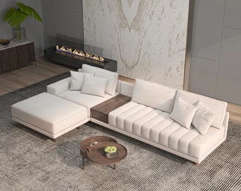 126" L-Shaped Off-White Modular Sectional Sofa with Ottoman for Living Room