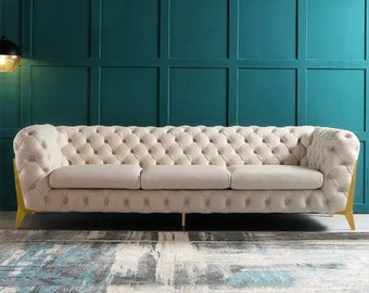 91" Beige Modern Chesterfield Sofa 3-Seater Button Tufted Velvet, Couches & Loveseats, living room