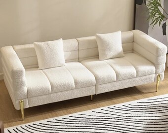 78.7" Modern White Boucle Upholstered Fluted 3 Seater Sofa for Living Room with pillow,