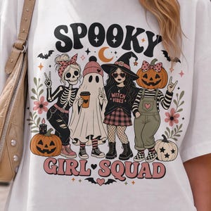 Gruselige Mädelsclique (PNG), Halloween-Freundinnengruppe, süße Hexe, Geist, Skelett, Kürbis, kommerzielle Nutzung