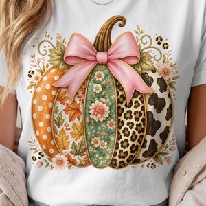 Calabaza Patchwork PNG, estampado floral mixto de leopardo y vaca estilo preppy otoñal, sublimación de lazo rosa coqueto, uso comercial