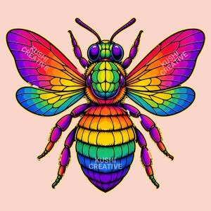 May include: A vibrant, multi-colored illustration of a bee featuring a rainbow gradient across its wings, thorax, and abdomen. The insect has large purple eyes and six legs, with the text KUSHI CREATIVE visible on the wings and abdomen.