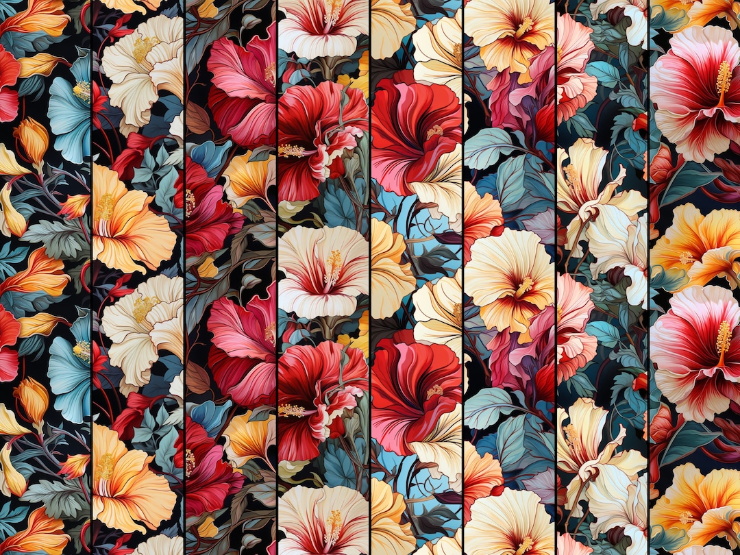 Hibiscus Flowers Digital Paper Flowers Seamless Pattern Etsy