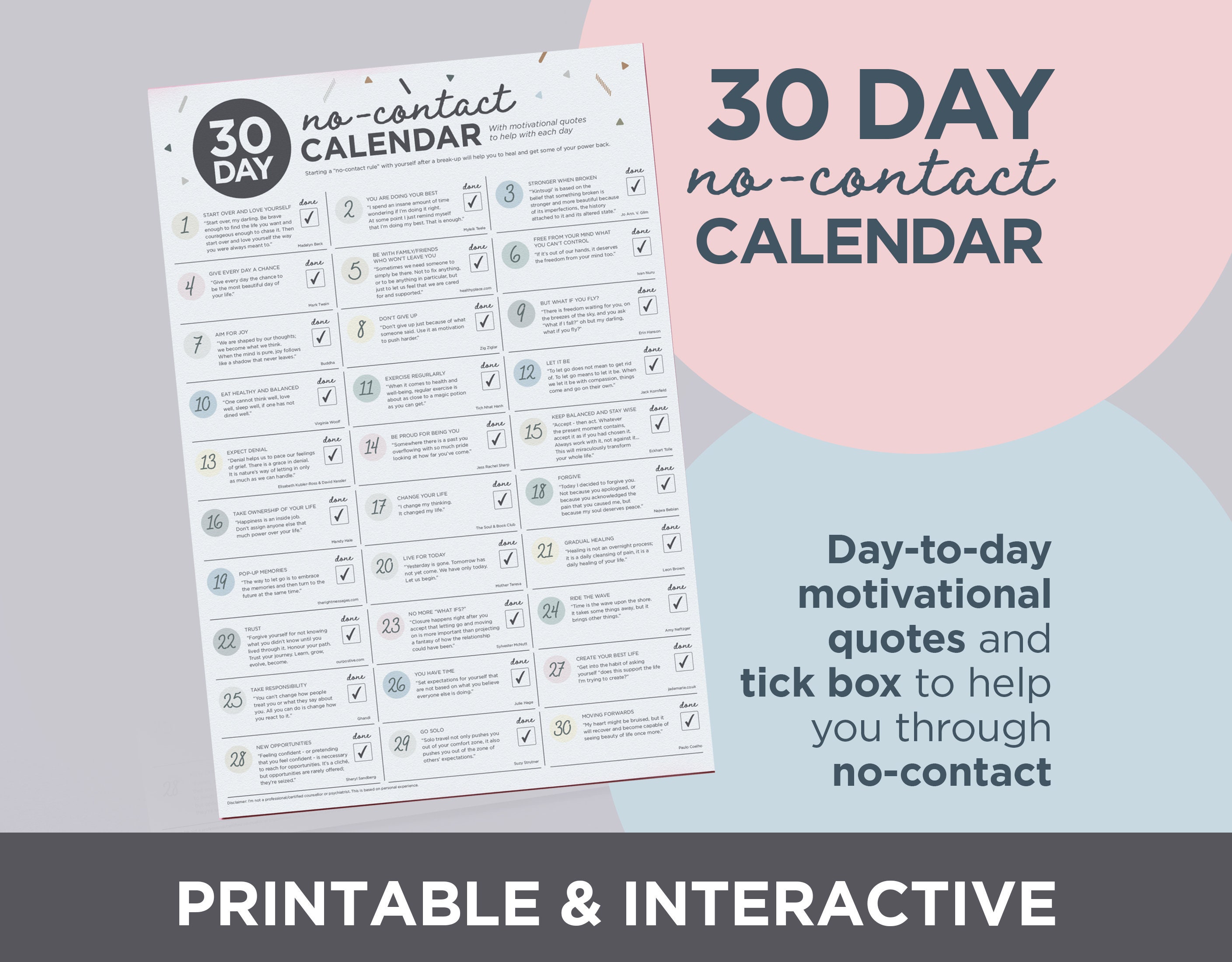 30 Day Breakup No Contact Rule Calendar A4 and A3 printable and