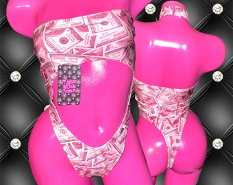 Ready to ship Pink size medium money bodysuit stripper wear dance wear pole wear rave wear sexy exotic wear exotic dance wear