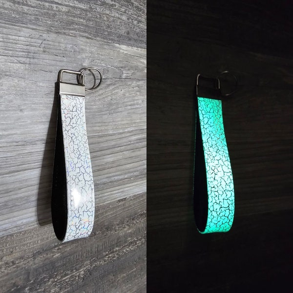Glowing Keyfob Crackle with Black, Blacklight Wrist Strap, Keychain Wristlet, Holographic Key Ring, Glowing Wearable Lanyard, Birthday Gift