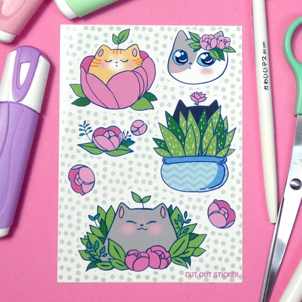 Kawaii Plant Cats | Waterproof Sticker | Cute Planner Sticker | Laptop Sticker | Cut Out Sticker