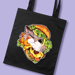 Burger Katze Baumwolltasche mit langen Henkeln, perfekt für Katzeliebhaber