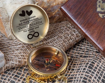 Personalisierter Kompass aus Messing Vintage Optik mit Deiner Wunschgravur und schicker Holzbox