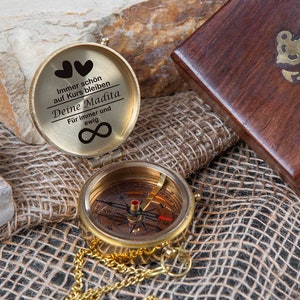 Personalized compass made of brass with a vintage look with your desired engraving and a stylish wooden box image 1