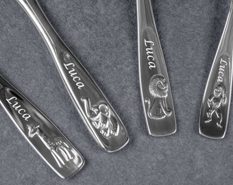 WMF children's cutlery animals with engraving 4-piece, christening gifts, gifts for baptism, children's cutlery with name engraving